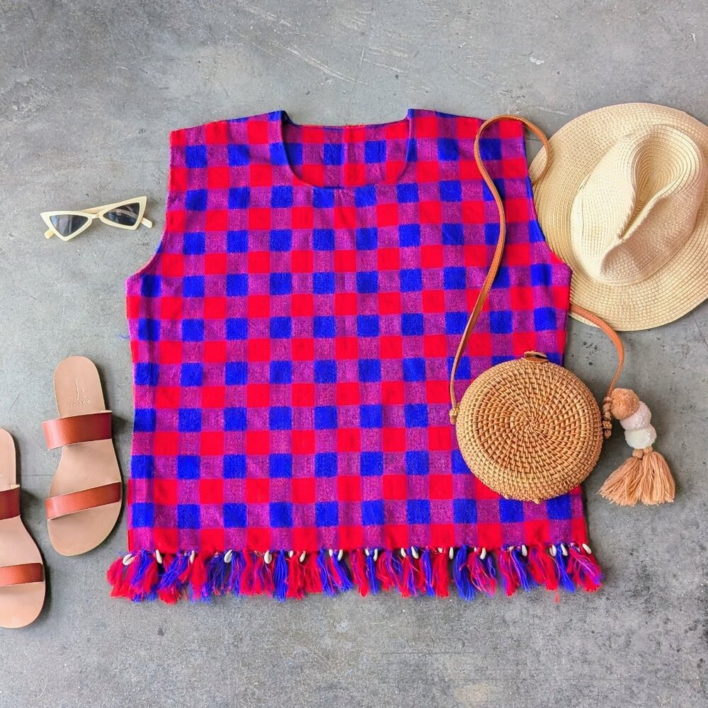 Handmade Blue Red Buffalo Plaid Sleeveless Puka Shell Fringe Hem Flannel Top